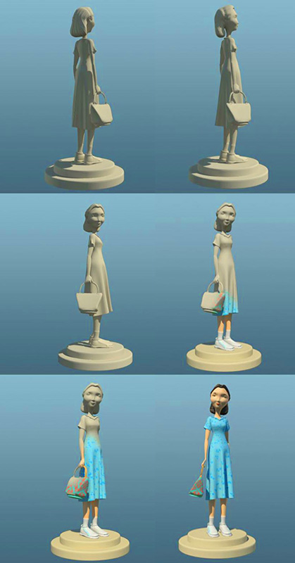 Three rows of a character modeling process of adding color to a figure In 3D animation
