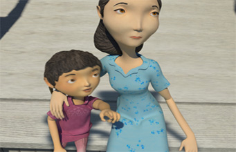 Mei and her mom sit together looking up at the sky.