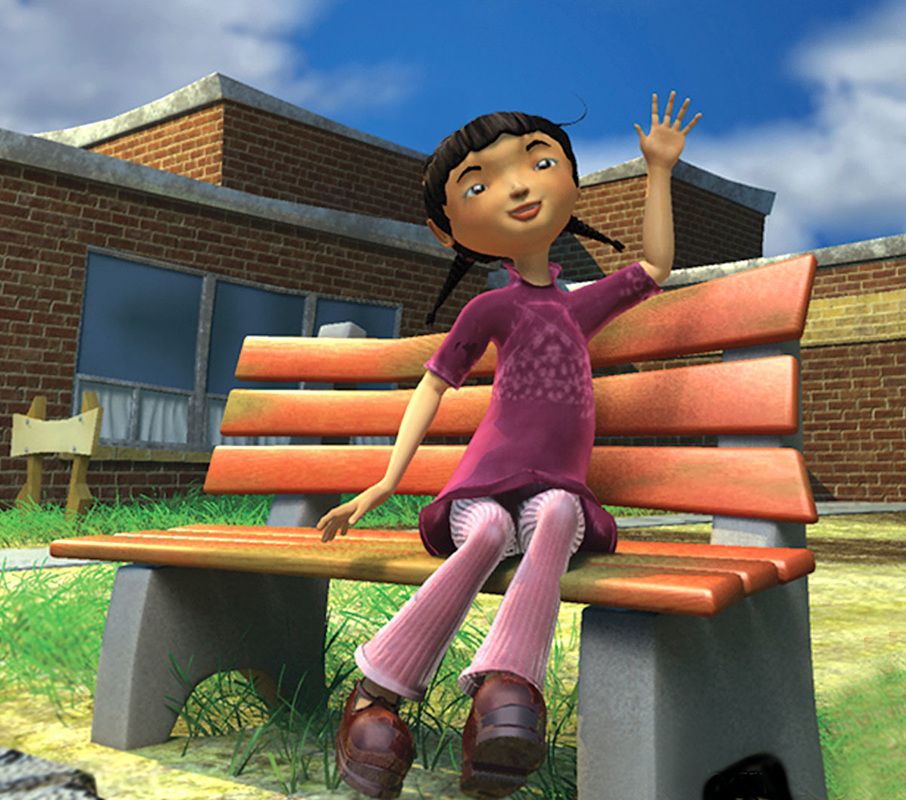Illustration of Mei, the main character, waving to us from a school bench